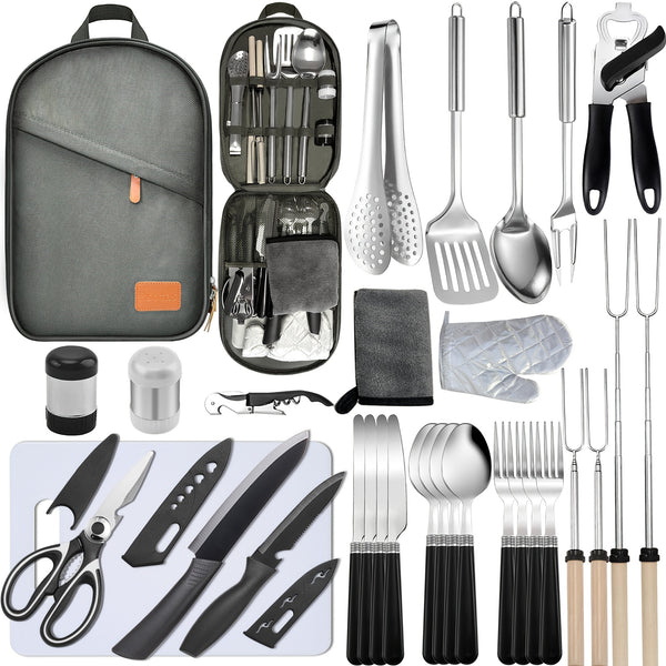 Portable Camping Kitchen Utensil Set-31pcs Camping Essentials Camping Accessories Gear Must Haves Camping Cookware Kit, Stainless Steel Outdoor Cooking And Grilling Utensil Organizer Travel Set Perfect For Travel, Picnics, RVs, BBQ, Parties And More