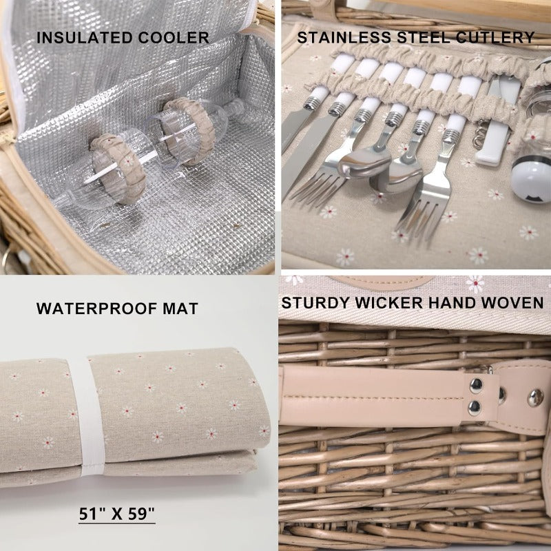 Multifunctional Wicker Picnic Basket Set for 2 with Insulated Table & Blanket - All-in-One Outdoor Dining Set with Full Tableware (Plates, Bowls, Glasses, Cutlery) - Portable Wicker Storage with Side Tables, Durable Wicker Construction & Comfortable