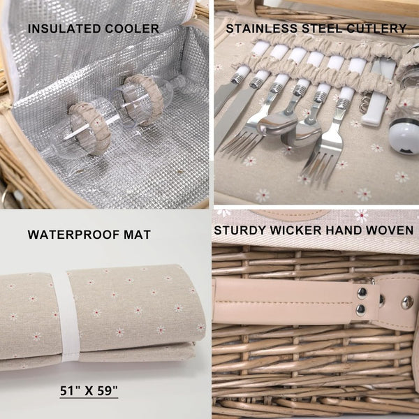 Multifunctional Wicker Picnic Basket Set for 2 with Insulated Table & Blanket - All-in-One Outdoor Dining Set with Full Tableware (Plates, Bowls, Glasses, Cutlery) - Portable Wicker Storage with Side Tables, Durable Wicker Construction & Comfortable