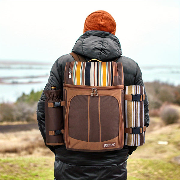 Picnic Basket Backpack With A Free Cashmere Blanket, Suitable For 2-4 People. Features An Insulated, Leak-proof, And Cooler Compartment, Wine Rack, Blanket, And Cutlery Set. A Great Winter Outing Item, Christmas Gift, New Year'S Gift, Couple'S Gift