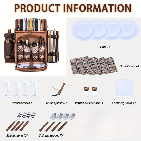 Picnic Basket Backpack With A Free Cashmere Blanket, Suitable For 2-4 People. Features An Insulated, Leak-proof, And Cooler Compartment, Wine Rack, Blanket, And Cutlery Set. A Great Winter Outing Item, Christmas Gift, New Year'S Gift, Couple'S Gift