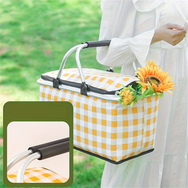 1pc of Portable Outdoor Picnic Cooler Bag with Two Ice Packs - Sturdy Steel Frame, Collapsible, Insulated Food Storage Basket Featuring a Convenient Carry Handle for Camping, Travel, And Outdoor Activities.