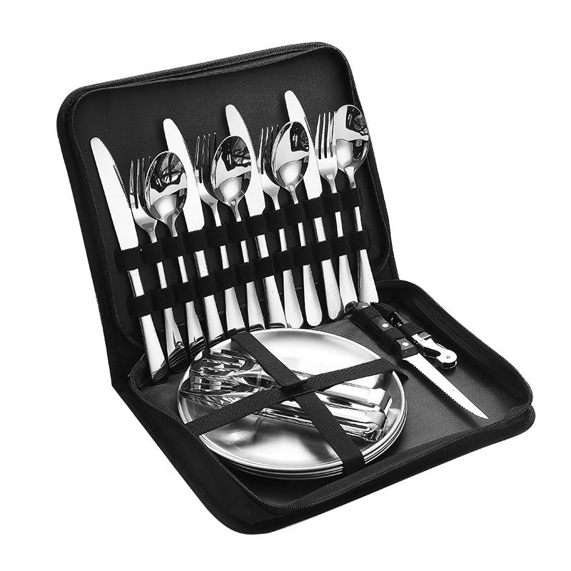 10pcs\u002F 20pcs Camping Utensils Set, Food-Grade 304 Stainless Steel Silverware & Plates, Dishwasher Safe, Heavy-Duty with Storage Pouch for Camping, Picnic, BBQ, Portable Eating Tools, Picnic Utensils Kit, Reusable Outdoor Cutlery, Heavy-Duty