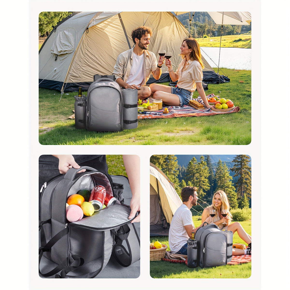 Happybuy 2-Person\u002F4-person Picnic Backpack with Insulated Compartment And Complete Dining Set Ideal for Hiking, Camping And Beach Trips In Grey\u002Fblue
