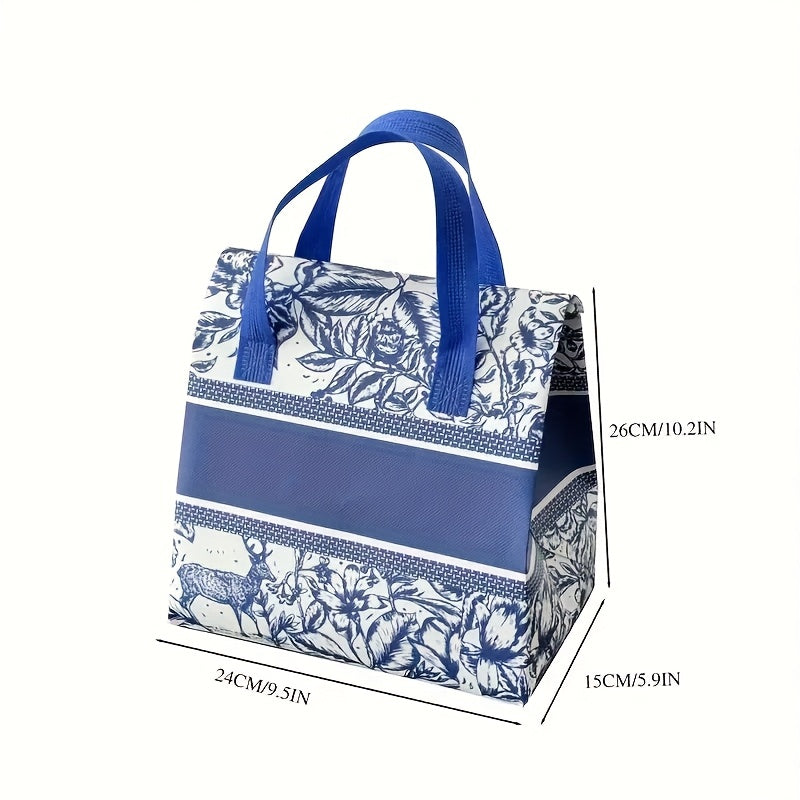 Reusable Insulated Food Delivery Bags - Thickened Self-Sealing Oil-Proof Thermal Takeout Bags with Blue Floral Pattern & Sturdy Zipper-like Closure for Milk Tea, Cakes, BBQ, Hot\u002FCold Meals - Portable Large Capacity Insulated Packaging, Hot And Cold I