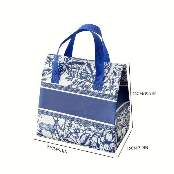 Reusable Insulated Food Delivery Bags - Thickened Self-Sealing Oil-Proof Thermal Takeout Bags with Blue Floral Pattern & Sturdy Zipper-like Closure for Milk Tea, Cakes, BBQ, Hot\u002FCold Meals - Portable Large Capacity Insulated Packaging, Hot And Cold I