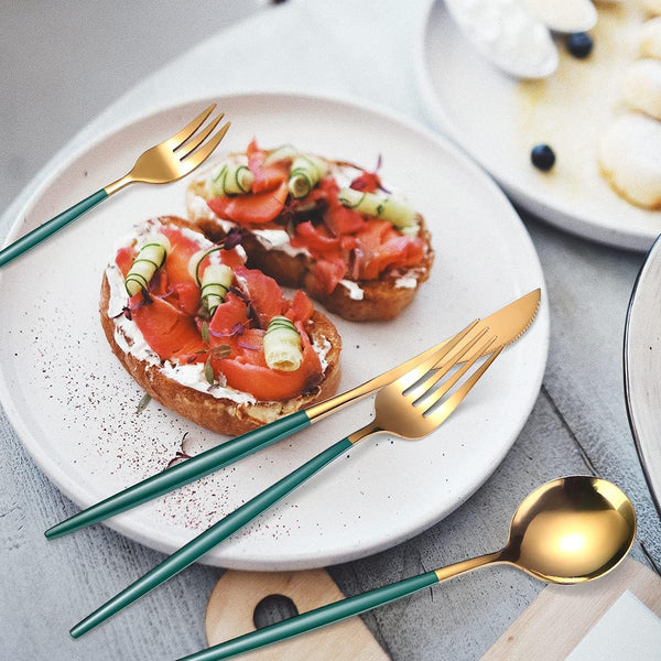 8pcs Stainless Steel Flatware Set - Portable Reusable Travel Cutlery with Chopsticks, Knife, Fork, Spoon & Cleaning Brush | Dishwasher Safe, Compact & Elegant Green & Golden Design for Camping, Office, Travel | Durable Rust-Resistant Utensils