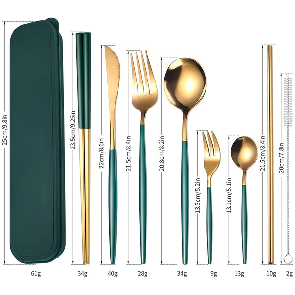 8pcs Stainless Steel Flatware Set - Portable Reusable Travel Cutlery with Chopsticks, Knife, Fork, Spoon & Cleaning Brush | Dishwasher Safe, Compact & Elegant Green & Golden Design for Camping, Office, Travel | Durable Rust-Resistant Utensils