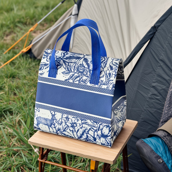 Reusable Insulated Food Delivery Bags - Thickened Self-Sealing Oil-Proof Thermal Takeout Bags with Blue Floral Pattern & Sturdy Zipper-like Closure for Milk Tea, Cakes, BBQ, Hot\u002FCold Meals - Portable Large Capacity Insulated Packaging, Hot And Cold I