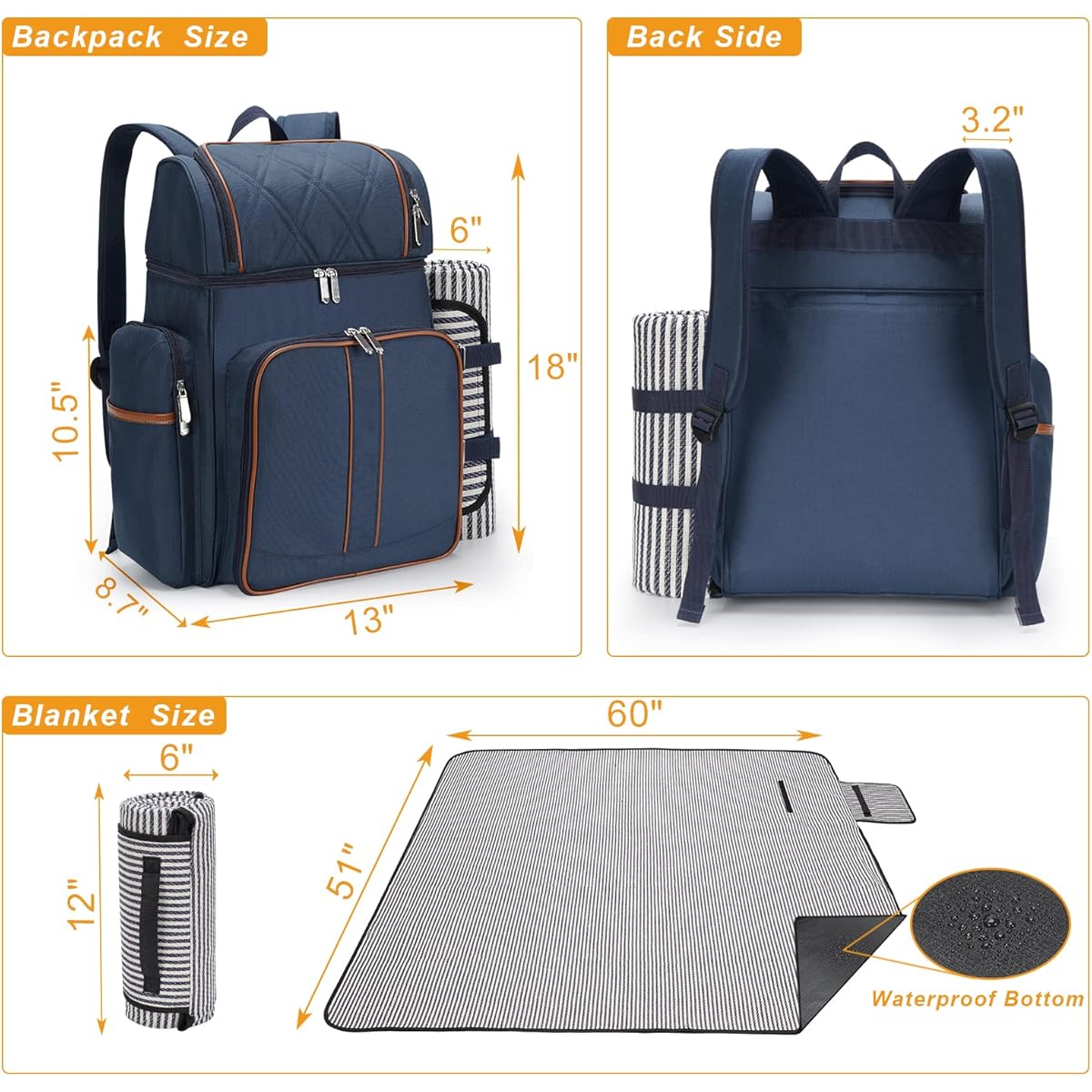 All-in-One 4-Person Picnic Backpack Set with Insulated Cooler, Complete Tableware & Large Blanket - Leakproof Double Deck Cooler Backpack, Plates, Wine Holders, Padded Straps for Camping, Beach, Park - Heavy-Duty Portable Picnic Basket for