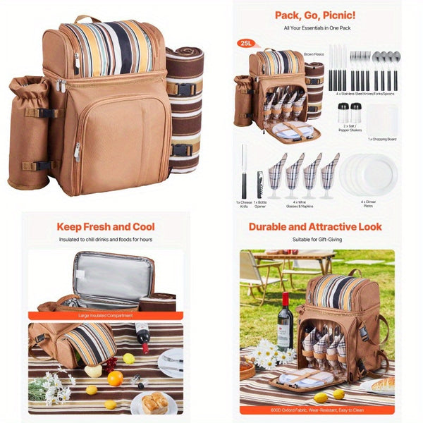 4-Person Beach Picnic Backpack with Cooler Compartment, Multiple Compartments & Detachable Cooler Bag - Includes Utensils, Plates, Napkins, Wine Bottle Holder - Durable Brown Striped Design for Outdoor, Camping, Family Outings