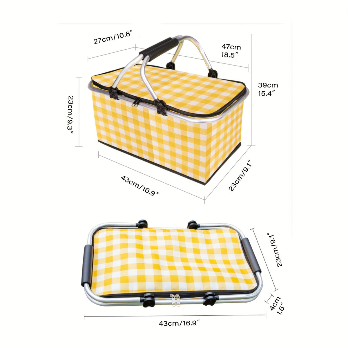 7.13gal Large Collapsible Insulated Cooler Picnic Basket with Lid & Sturdy Handles - Heavy-Duty Thermal Insulation Reusable Folding Grocery Shopping Basket for Outdoor Picnic, Travel, Camping, Beach - Durable Portable Cooler Bag for Storage, Groceries