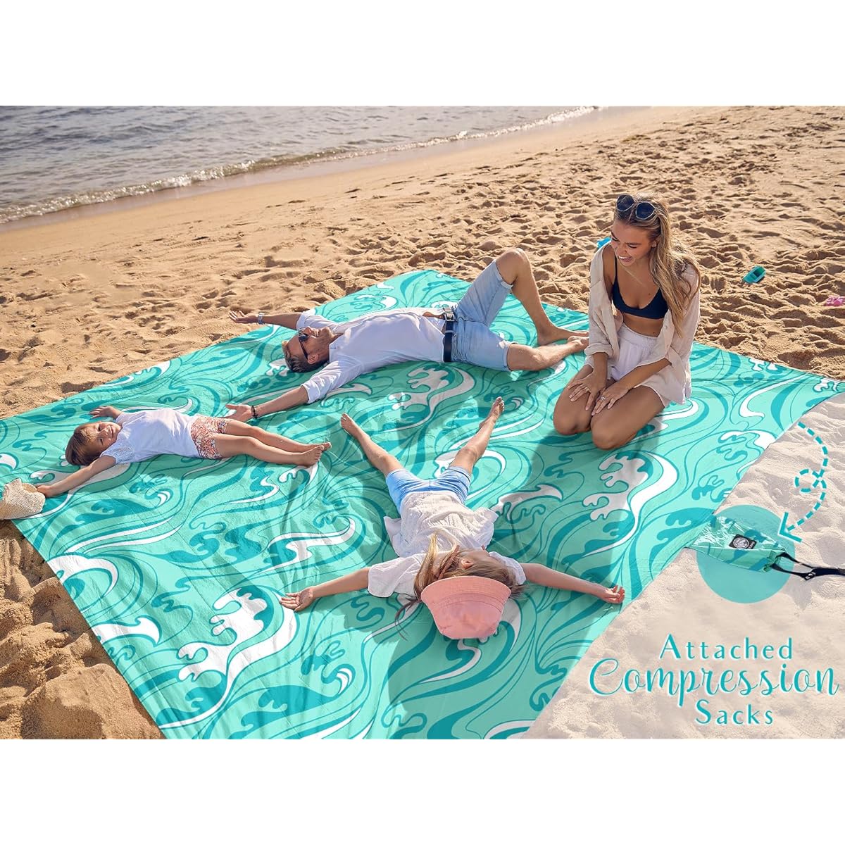 WEKAPO Oversized Extra Large High Quality Beach Blanket & Mat - 11x9ft Turquoise Ocean Waves Sand-Free, with Stakes & Storage Bag, Heavy-Duty for 10 People, Picnic, Pool, Camping - Lightweight for s,, Seniors (Microfiber)