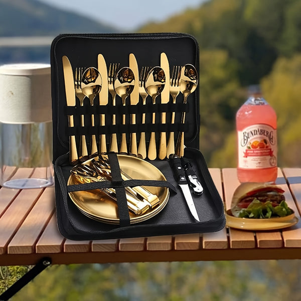 Picnic Dishes Utensils Golden Camping Flatware Set for 4 Portable Tableware Plates Silverware Forks Spoons Knives Bottle Opener Food Tongs Complete Kit with Zipper Bag