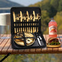 Picnic Dishes Utensils Golden Camping Flatware Set for 4 Portable Tableware Plates Silverware Forks Spoons Knives Bottle Opener Food Tongs Complete Kit with Zipper Bag