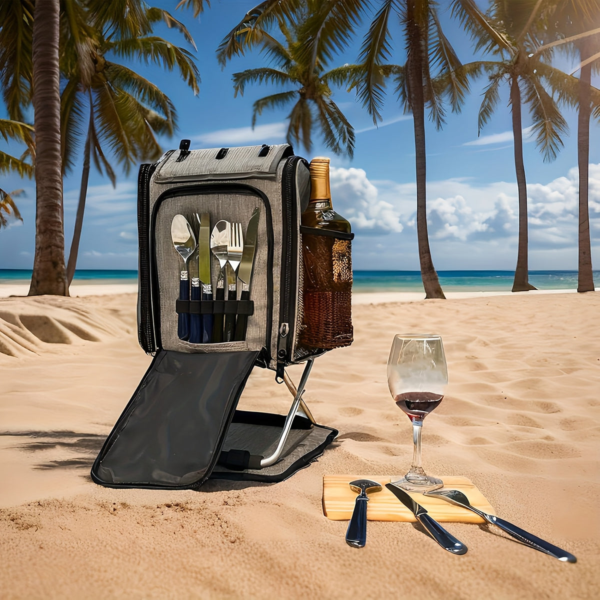 Backpack Cooler Insulated Leak Proof for Keeping Cool, Collapsible Support Stand with Rotary Bottom Tray, Cup Holder Cutlery Set for Camping Lunch