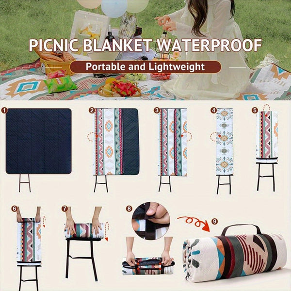 Waterproof Large Picnic Blanket - Portable Travel Camping Beach Mat with Geometric Tribal Design, Durable Machine-Woven Fabric for Outdoor, Park, Patio, Lawn, Garden & Grass Use, Park Outings, Decorative Outdoor, Easycare Material, Outdoor Enthusiasts
