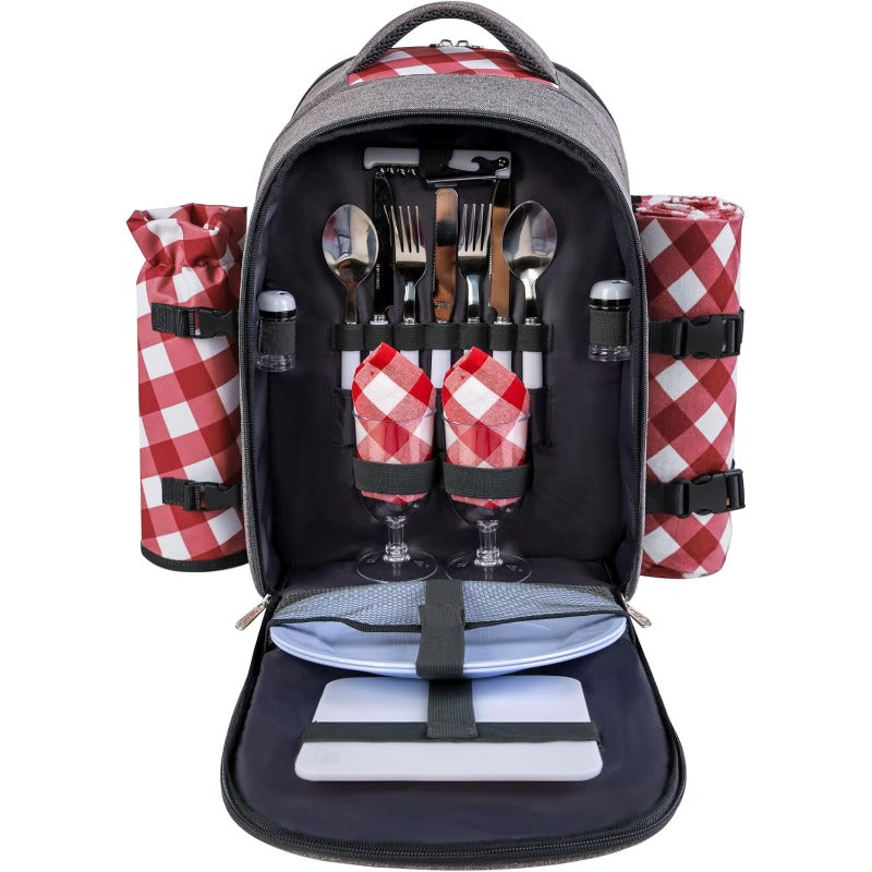 All-in-One 2-Person Picnic Backpack Set with Cooler Compartment, Detachable Wine\u002FBottle Holder & Complete Cutlery\u002FPlate Set + Fleece Blanket (45\