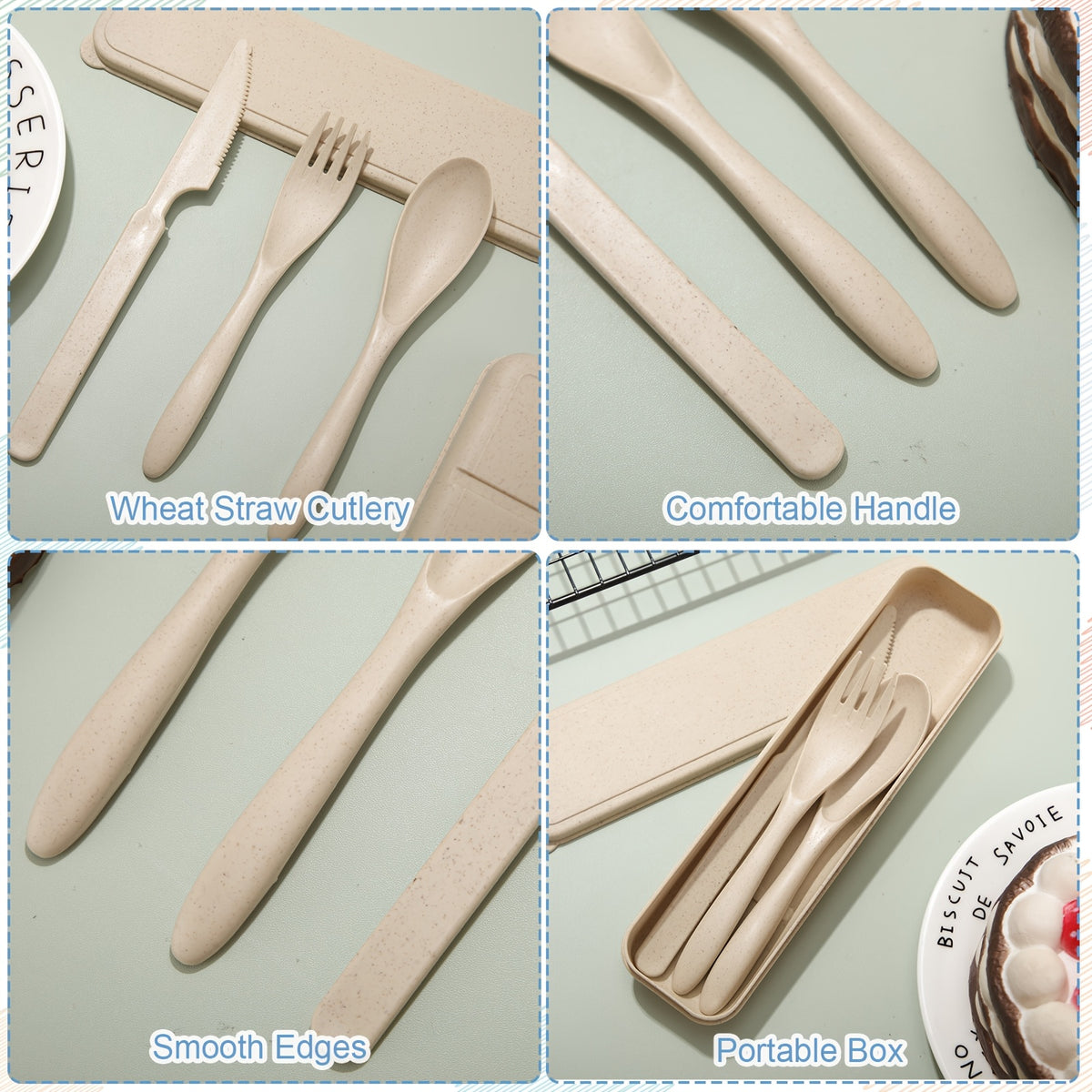 28pcs High-Quality Wheat Straw Cutlery Set with Colorful Cases - Reusable Spoons, Forks, Knives for Travel, Picnics, Lunch - Durable, Lightweight & Portable Tableware, Wheat Straw Dinnerware Set