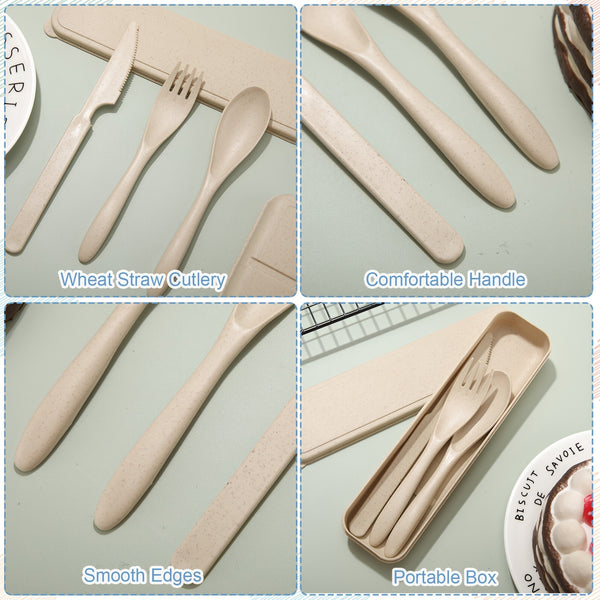 28pcs High-Quality Wheat Straw Cutlery Set with Colorful Cases - Reusable Spoons, Forks, Knives for Travel, Picnics, Lunch - Durable, Lightweight & Portable Tableware, Wheat Straw Dinnerware Set