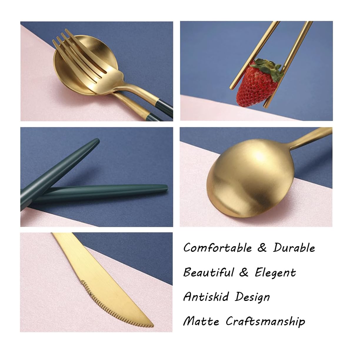 8pcs Stainless Steel Flatware Set - Portable Reusable Travel Cutlery with Chopsticks, Knife, Fork, Spoon & Cleaning Brush | Dishwasher Safe, Compact & Elegant Green & Golden Design for Camping, Office, Travel | Durable Rust-Resistant Utensils