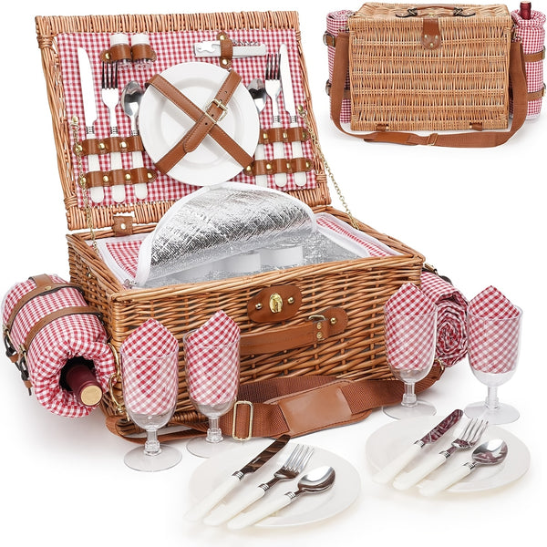 Picnic Basket Set for 2 with Large Insulated Cooler Compartment, Wicker Hamper with Blanket & Washable Green\u002FGingham Checkered Mat - New Zealand Pine Wood Portable Outdoor Lunch Box for Camping, Beach, Picnic, Wine (Golden-Tone