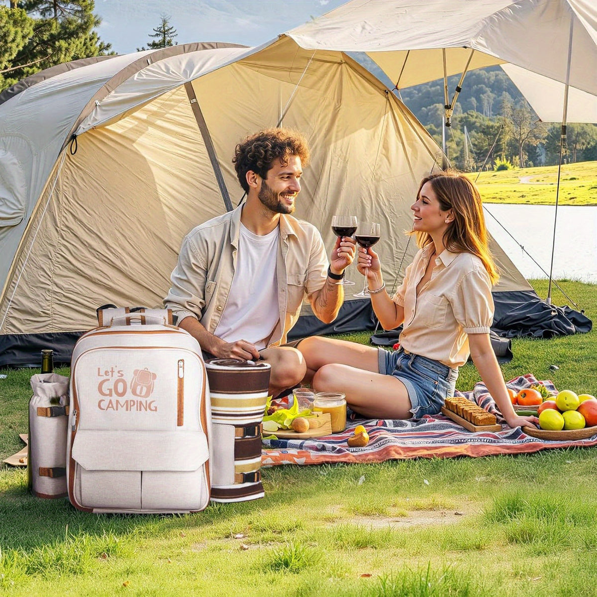 4-Person Insulated Picnic Backpack with Cooler Compartment, Detachable Bottle\u002FWine Holders & Lightweight Blanket - Beige Outdoor Backpack with Plates & Cutlery Set for Camping, Hiking, Beach - Adjustable Shoulder Straps, Multiple Pockets