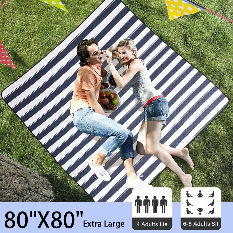 Large 80x80 Waterproof Picnic Blanket | Foldable, Portable Camping Blanket with Carry Strap, Beach, PU Coated Oxford Cloth