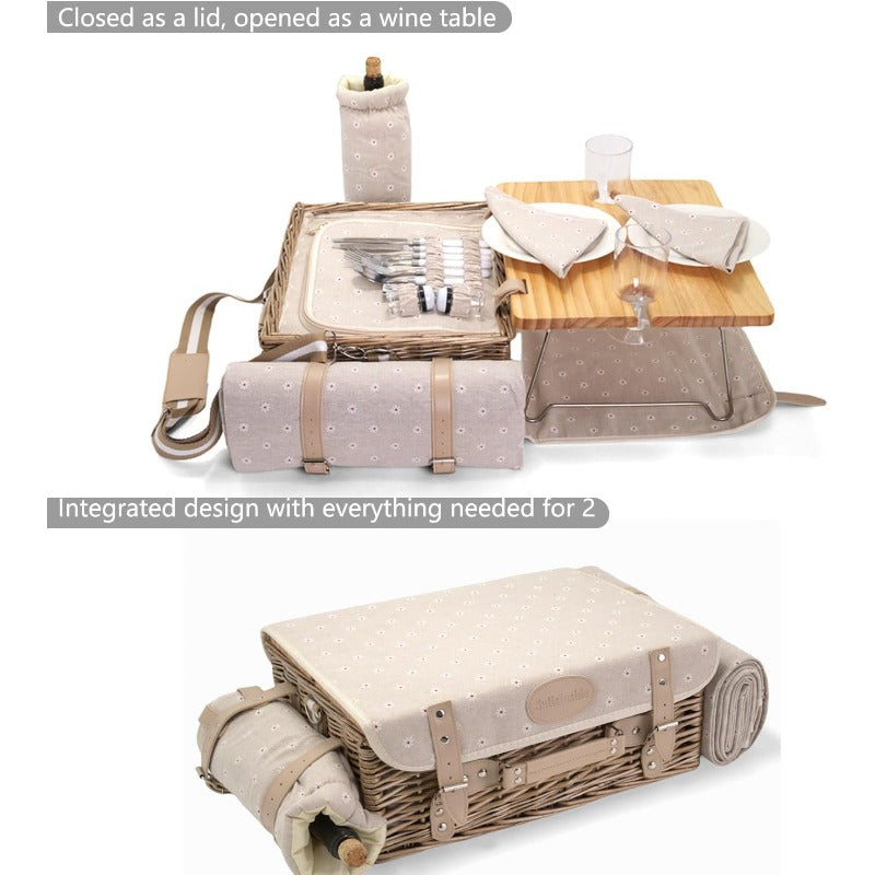Multifunctional Wicker Picnic Basket Set for 2 with Insulated Table & Blanket - All-in-One Outdoor Dining Set with Full Tableware (Plates, Bowls, Glasses, Cutlery) - Portable Wicker Storage with Side Tables, Durable Wicker Construction & Comfortable