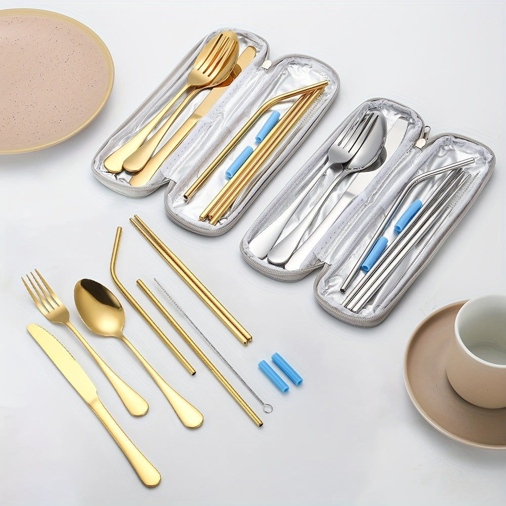 36pcs Portable Stainless Steel Flatware Set, Travel Camping Utensils Set, Portable Cutlery Travel Silverware Dinnerware Set With A Waterproof Storage Case, Lightweight Kitchen Accessories, Fork, Spoon, Knife, Chopstick, Straw, Brush, Tip
