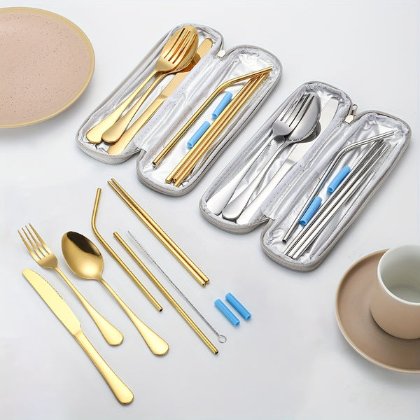 36pcs Portable Stainless Steel Flatware Set, Travel Camping Utensils Set, Portable Cutlery Travel Silverware Dinnerware Set With A Waterproof Storage Case, Lightweight Kitchen Accessories, Fork, Spoon, Knife, Chopstick, Straw, Brush, Tip
