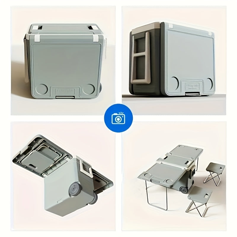 32L Camping Cooler, Portable Cooling Box, Suitable For Barbecue, Camping, Picnicking, And Other Outdoor Activities. Comes With A Folding Table And 2 Folding Chairs