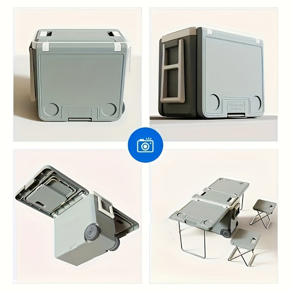 32L Camping Cooler, Portable Cooling Box, Suitable For Barbecue, Camping, Picnicking, And Other Outdoor Activities. Comes With A Folding Table And 2 Folding Chairs