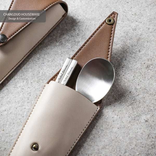 Portable Tableware Set with Leather Case - Compact Travel & Camping Cutlery Kit (Spoon & Chopsticks) - Elegant Outdoor Dining Set, Ideal for, Picnics, Gifts for s &