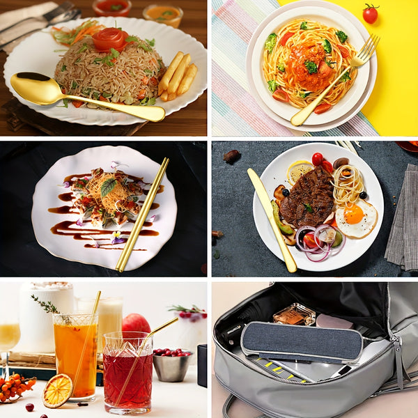 36pcs Portable Stainless Steel Flatware Set, Travel Camping Utensils Set, Portable Cutlery Travel Silverware Dinnerware Set With A Waterproof Storage Case, Lightweight Kitchen Accessories, Fork, Spoon, Knife, Chopstick, Straw, Brush, Tip