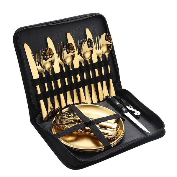 10pcs\u002F 20pcs Camping Utensils Set, Food-Grade 304 Stainless Steel Silverware & Plates, Dishwasher Safe, Heavy-Duty with Storage Pouch for Camping, Picnic, BBQ, Portable Eating Tools, Picnic Utensils Kit, Reusable Outdoor Cutlery, Heavy-Duty