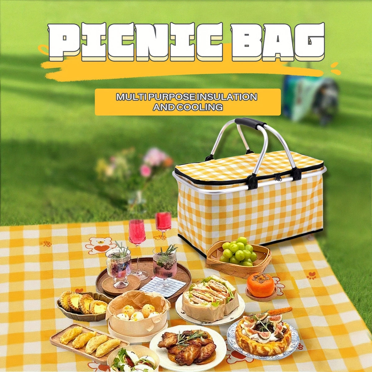 7.13gal Large Collapsible Insulated Cooler Picnic Basket with Lid & Sturdy Handles - Heavy-Duty Thermal Insulation Reusable Folding Grocery Shopping Basket for Outdoor Picnic, Travel, Camping, Beach - Durable Portable Cooler Bag for Storage, Groceries