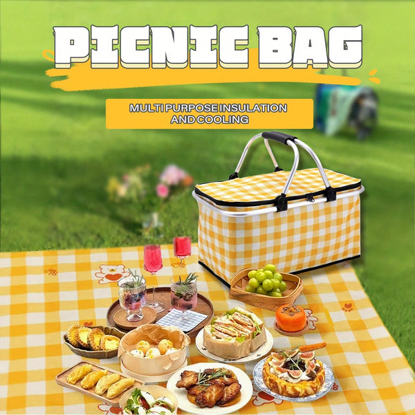 7.13gal Large Collapsible Insulated Cooler Picnic Basket with Lid & Sturdy Handles - Heavy-Duty Thermal Insulation Reusable Folding Grocery Shopping Basket for Outdoor Picnic, Travel, Camping, Beach - Durable Portable Cooler Bag for Storage, Groceries