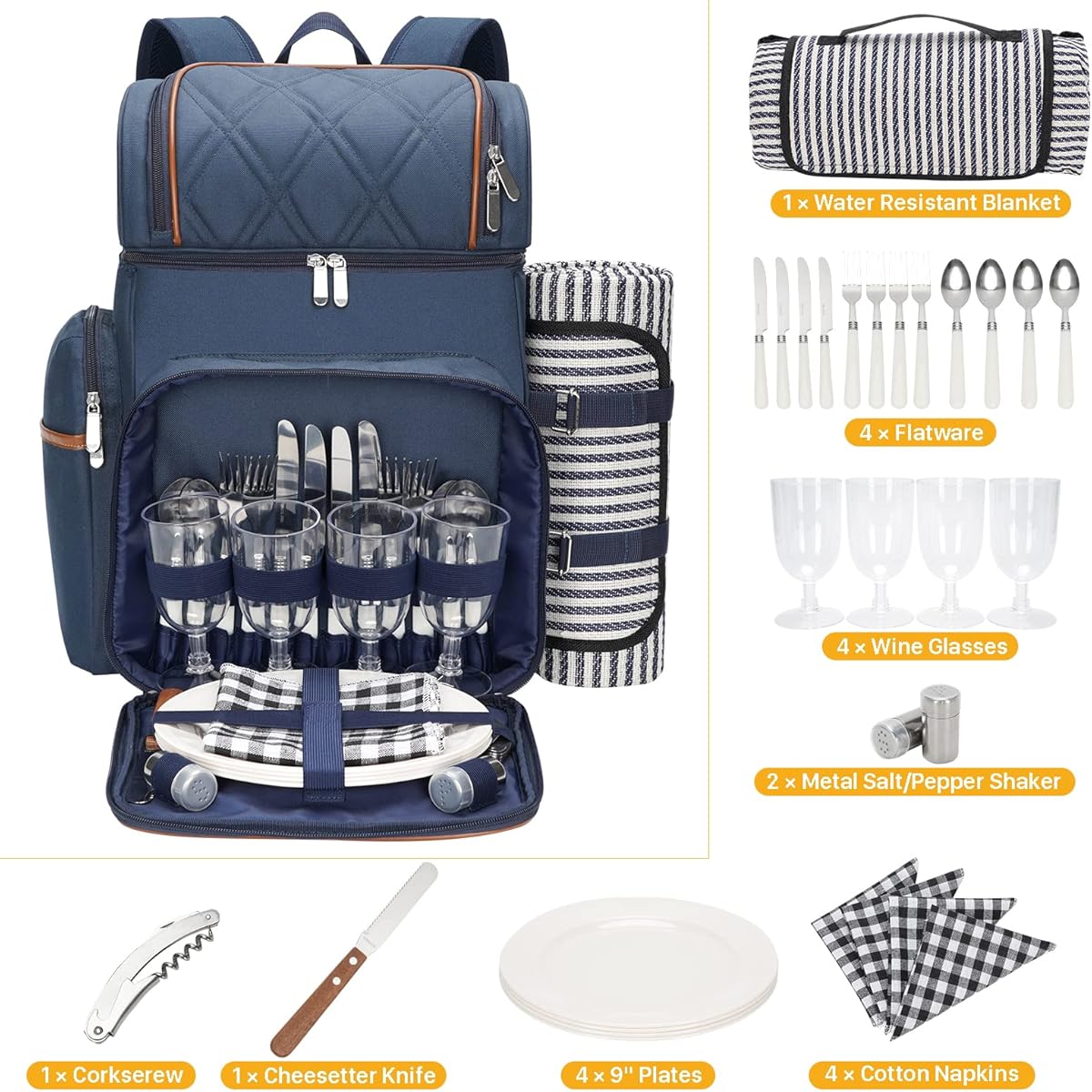 All-in-One 4-Person Picnic Backpack Set with Insulated Cooler, Complete Tableware & Large Blanket - Leakproof Double Deck Cooler Backpack, Plates, Wine Holders, Padded Straps for Camping, Beach, Park - Heavy-Duty Portable Picnic Basket for