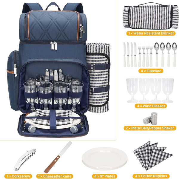 All-in-One 4-Person Picnic Backpack Set with Insulated Cooler, Complete Tableware & Large Blanket - Leakproof Double Deck Cooler Backpack, Plates, Wine Holders, Padded Straps for Camping, Beach, Park - Heavy-Duty Portable Picnic Basket for