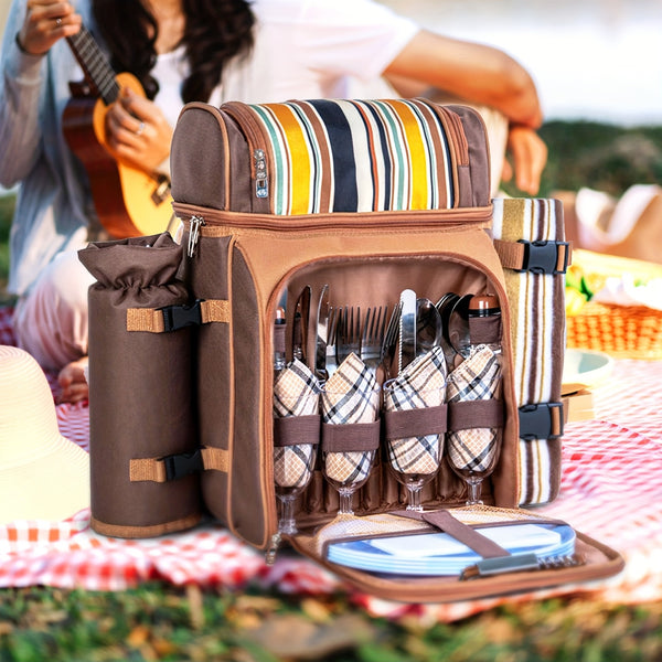 Picnic Basket Backpack With A Free Cashmere Blanket, Suitable For 2-4 People. Features An Insulated, Leak-proof, And Cooler Compartment, Wine Rack, Blanket, And Cutlery Set. A Great Winter Outing Item, Christmas Gift, New Year'S Gift, Couple'S Gift