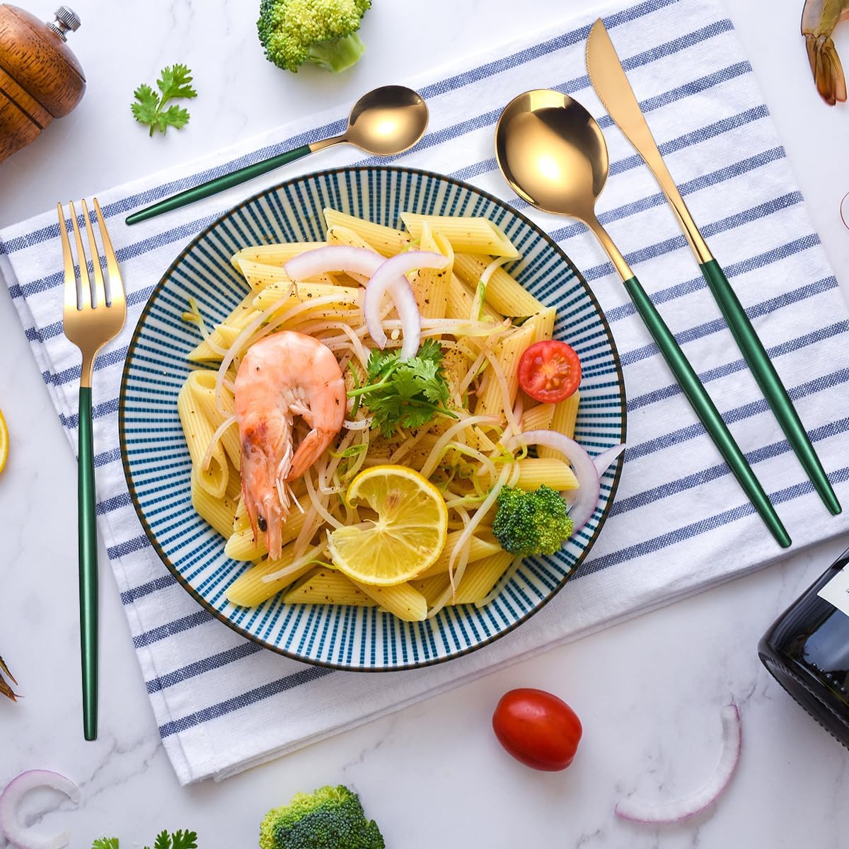 8pcs Stainless Steel Flatware Set - Portable Reusable Travel Cutlery with Chopsticks, Knife, Fork, Spoon & Cleaning Brush | Dishwasher Safe, Compact & Elegant Green & Golden Design for Camping, Office, Travel | Durable Rust-Resistant Utensils