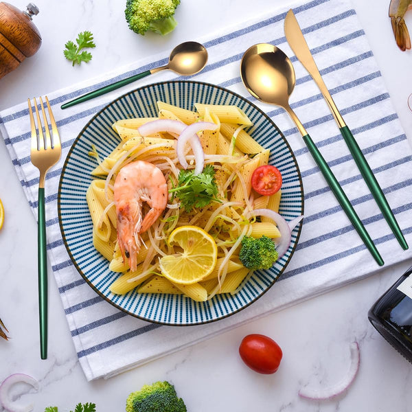 8pcs Stainless Steel Flatware Set - Portable Reusable Travel Cutlery with Chopsticks, Knife, Fork, Spoon & Cleaning Brush | Dishwasher Safe, Compact & Elegant Green & Golden Design for Camping, Office, Travel | Durable Rust-Resistant Utensils