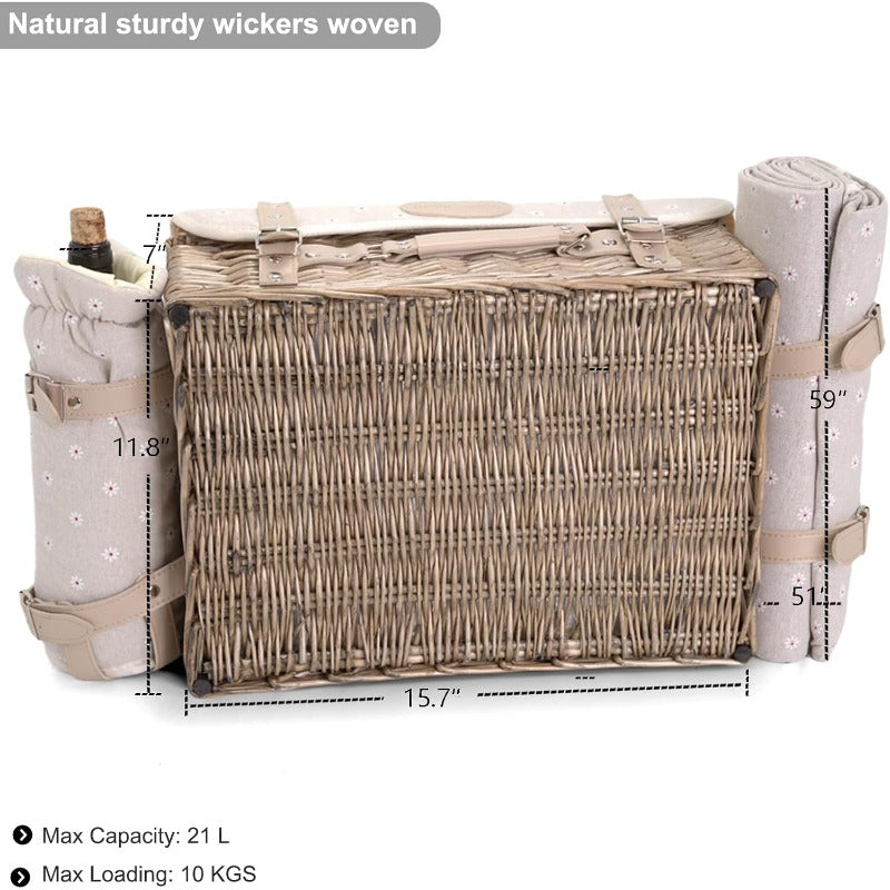 Multifunctional Wicker Picnic Basket Set for 2 with Insulated Table & Blanket - All-in-One Outdoor Dining Set with Full Tableware (Plates, Bowls, Glasses, Cutlery) - Portable Wicker Storage with Side Tables, Durable Wicker Construction & Comfortable