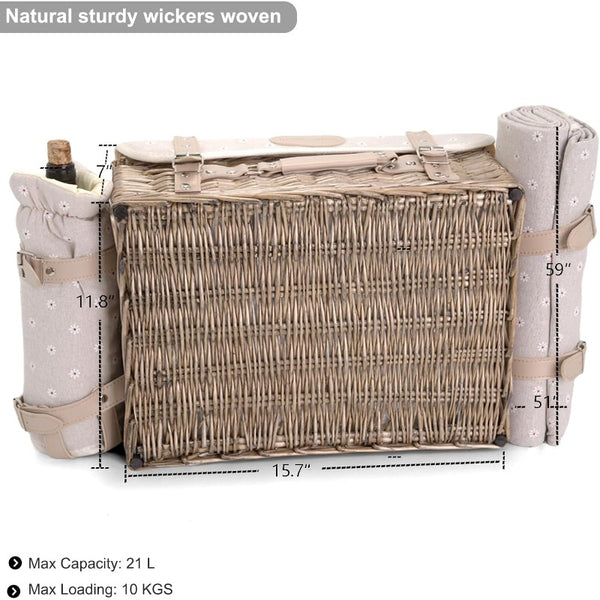 Multifunctional Wicker Picnic Basket Set for 2 with Insulated Table & Blanket - All-in-One Outdoor Dining Set with Full Tableware (Plates, Bowls, Glasses, Cutlery) - Portable Wicker Storage with Side Tables, Durable Wicker Construction & Comfortable