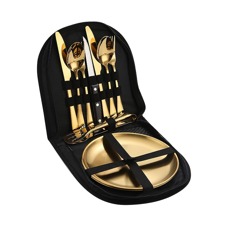 10pcs\u002F 20pcs Camping Utensils Set, Food-Grade 304 Stainless Steel Silverware & Plates, Dishwasher Safe, Heavy-Duty with Storage Pouch for Camping, Picnic, BBQ, Portable Eating Tools, Picnic Utensils Kit, Reusable Outdoor Cutlery, Heavy-Duty