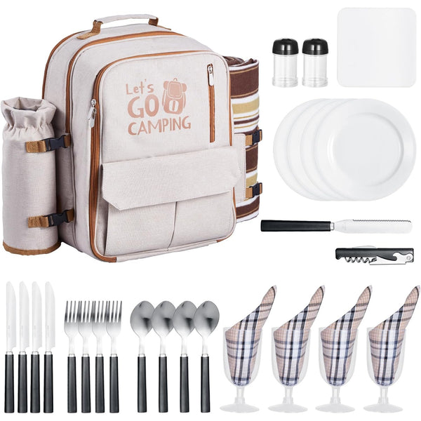 4-Person Insulated Picnic Backpack with Cooler Compartment, Detachable Bottle\u002FWine Holders & Lightweight Blanket - Beige Outdoor Backpack with Plates & Cutlery Set for Camping, Hiking, Beach - Adjustable Shoulder Straps, Multiple Pockets