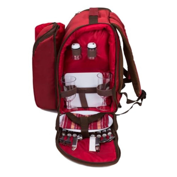 Fully Loaded Insulated Picnic Backpack with Leakproof Cooler Compartment, Fleece Blanket & Wine Holder - All-in-One Outdoor Picnic Set for 2 with Cutlery Organizer, Durable Red Backpack for Hiking, Camping, Romantic Dates - Stylish & Portable Design
