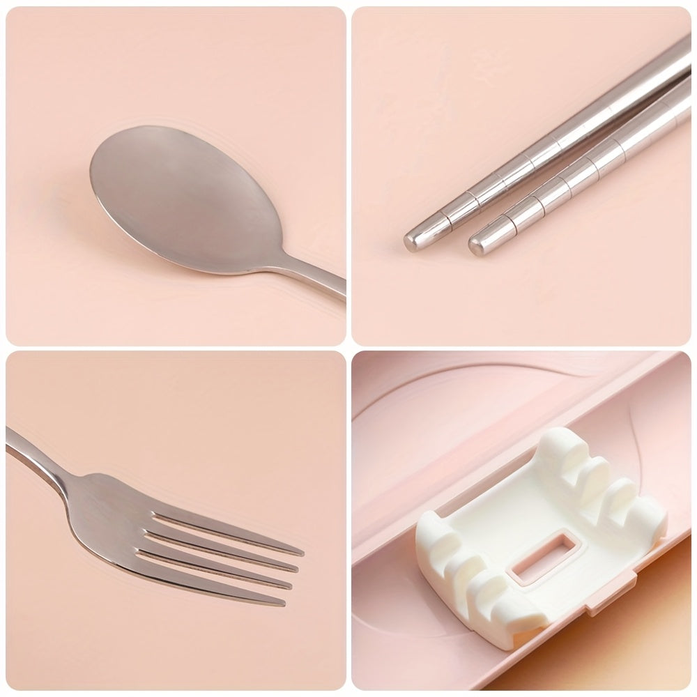 8pcs 304 Stainless Steel Portable Cutlery Set with Storage Box - -Friendly Hygienic Travel Tableware (Chopsticks, Spoon, Fork) in Pink Case with Lid for School Lunches, Camping, Picnic - Food-Grade Durable Utensils