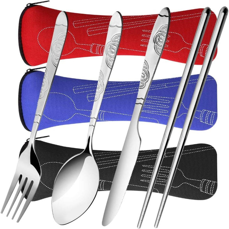 6pcs Reusable Flatware Sets Knife, Fork, Spoon, Chopsticks, 24pcs Portable Travel Stainless Steel Tableware Dinnerware with Carrying Case, Travel Utensils, Portable Cutlery, Modern Flatware, Stylish Utensils, Rustresistant Cutlery